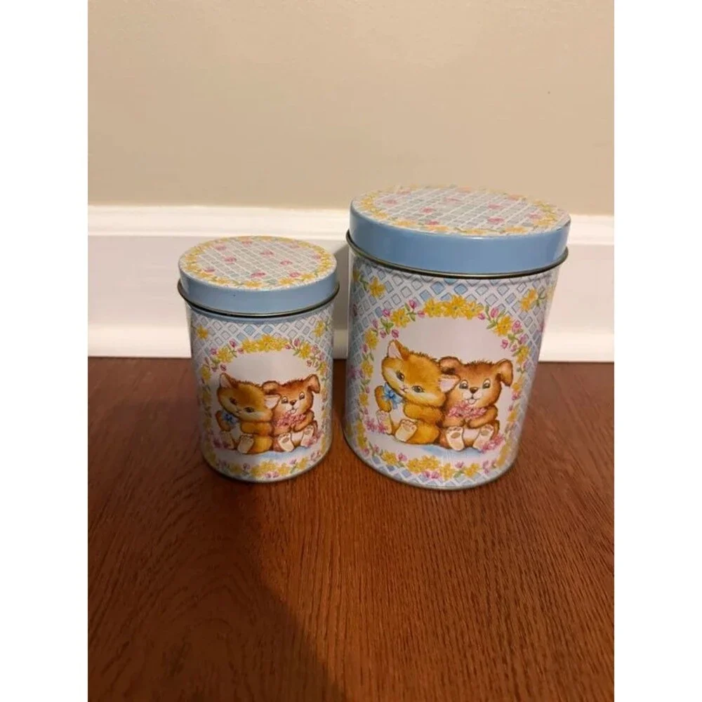 Vintage 90s Kitten Puppy Tin Canister Set